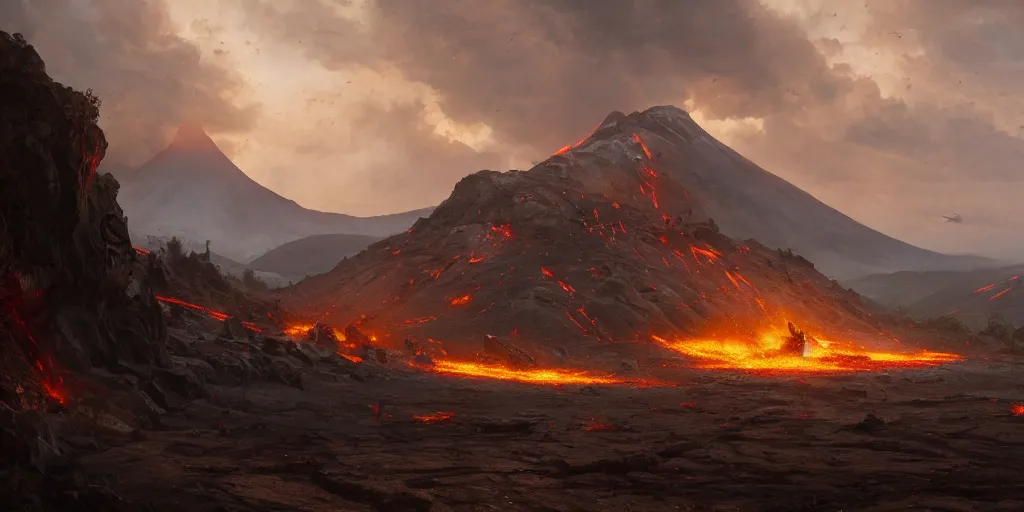 Prompt: battlefield on a volcanic ground, a fantasy digital painting by Greg Rutkowski and James Gurney, trending on Artstation, highly detailed, hyperrealistic, realistic, photorealistic, dynamic lighting, highly detailed, cinematic landscape, studio landscape, studio lighting