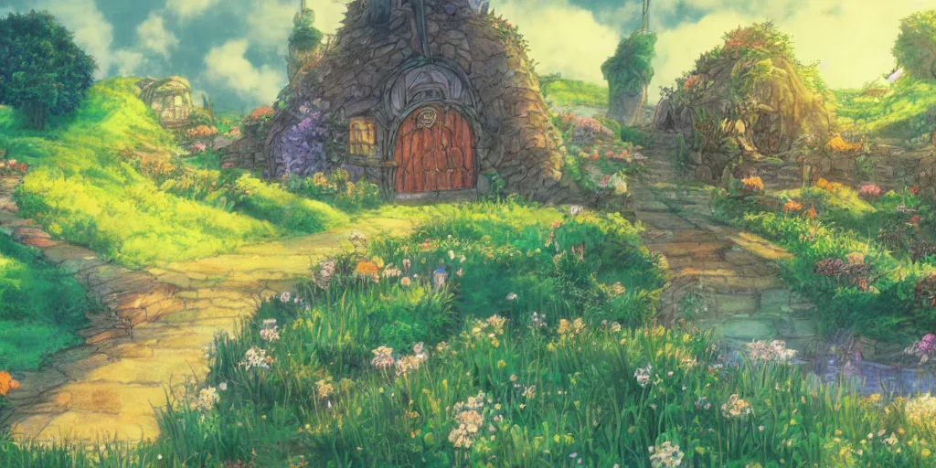 Image similar to a still of a background from howl's moving castle!!!!! of hobbiton, light bloom, studio ghibli!!!!!