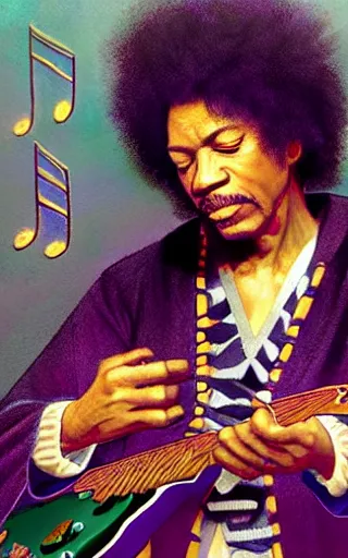 Prompt: character concept portrait of Jimmy Hendrix as wizard enchanting a music rune, a floating guitar in the center, embroidered gold-green robes, intricate, elegant, digital painting, concept art, smooth, sharp focus, illustration, from Metal Gear, by Ruan Jia and Mandy Jurgens and William-Adolphe Bouguereau, Artgerm