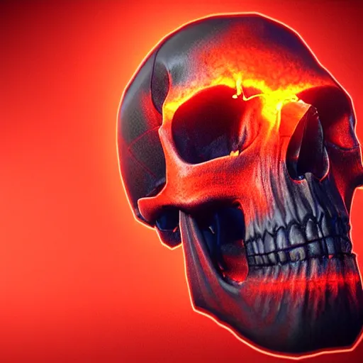 Image similar to a highly detailed human skull on fire in front of a glowing red background, 3 d, highly detailed, digital art, artstation, concept art, initimate lighting, strong bokeh, trending