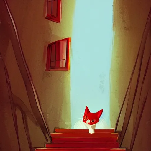 Prompt: red cat walking down the stairs, wide shot, smooth, cosy atmosphere, trending on deviantart, outdoor, daytime, long shadow, warm colors, artstation, concept art, sharp focus, illustration, masterpiece, gibli style