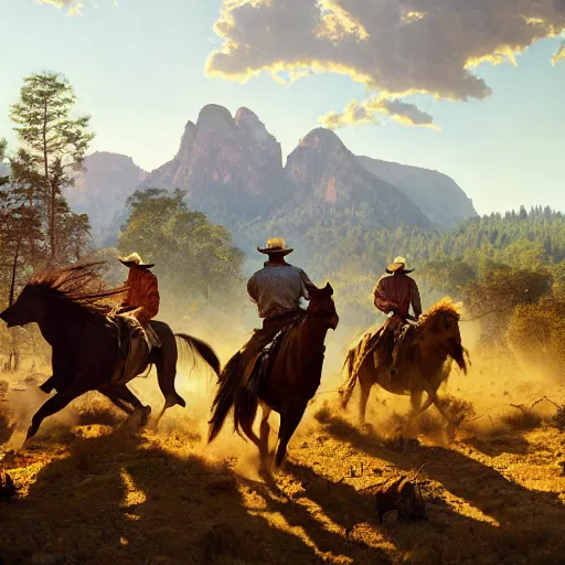 Prompt: cowboys hunting a lion in the valley with forest and mountains in the background, golden hour, awesome atmosphere, dean cornwell, norman rockwell, 8 k, octane rendered, sharp focus, highly detailed, volumetric lighting, illustration, concept art, paint texture, intricate, ruan jia, steve mccurry - n 9