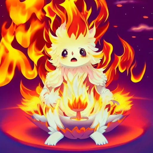 Image similar to fluffy popcorn elemental spirit anime character with a smiling face and flames for hair, sitting on a lotus flower, clean composition, symmetrical