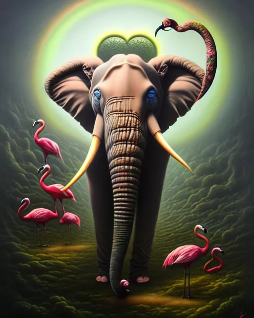 Prompt: a detailed portrait of dreampunk elephant flamingo hybrid mix by tomasz alen kopera and peter mohrbacher