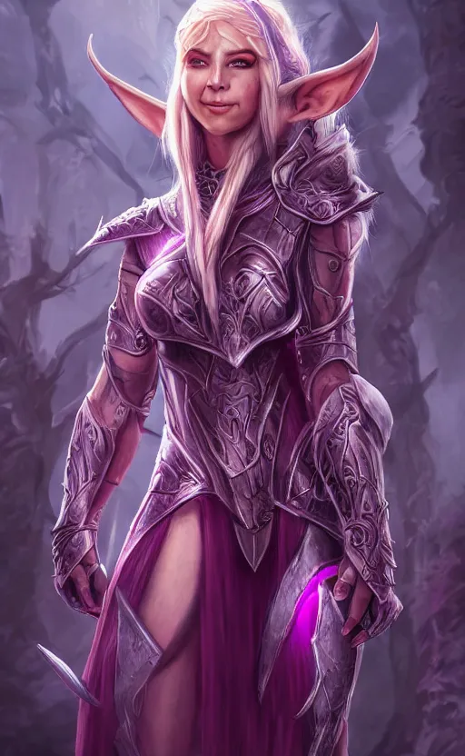 Image similar to a full body portrait of an elven woman with pink skin, and armor fit for a queen, wearing purple headphones, and smiling, dynamic lighting, photorealistic fantasy concept art, trending on art station, stunning visuals, creative, cinematic, ultra detailed