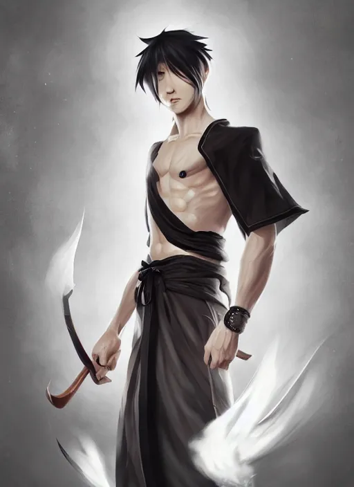 Image similar to a highly detailed illustration of fierce short white!!! haired young japanese man wearing hakama, black! sclera! eyes, dramatic serious pose, muscular, intricate, elegant, highly detailed, centered, digital painting, artstation, concept art, smooth, sharp focus, league of legends concept art, wlop