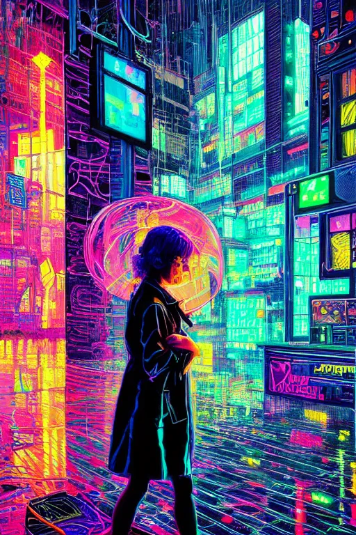 Image similar to dreamy cyberpunk girl, neon rain coat, detailed acrylic, intricate complexity, by dan mumford and by alberto giacometti, peter lindbergh