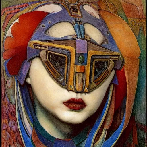 Image similar to the robot queen with her bird mask, by annie swynnerton and diego rivera and elihu vedder, symbolist, dramatic lighting, elaborate geometric ornament, head and shoulders, art brut, soft cool colors, smooth, sharp focus, extremely detailed, adolf wolfli and donato giancola