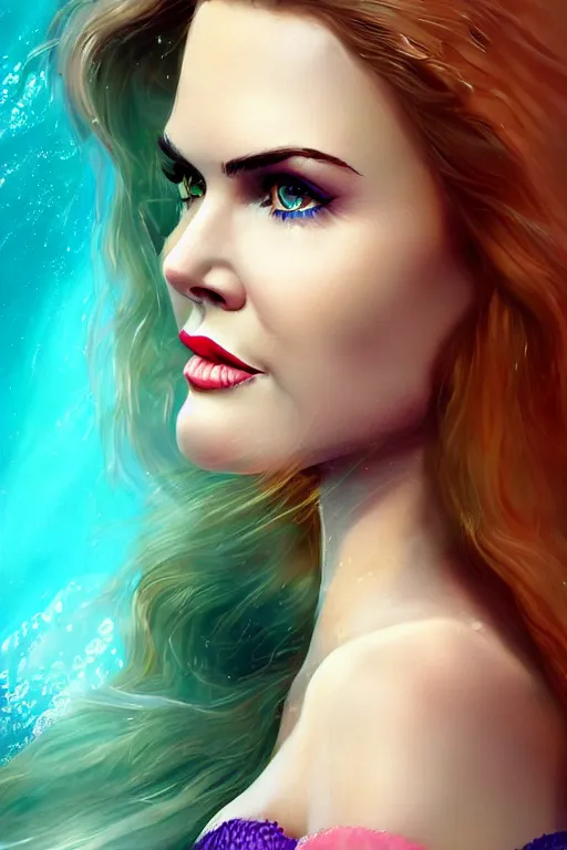 Image similar to mix of beautiful young maria shriver, mariel hemmingway, brooke shields, nicole kidman and elle macpherson as an underwater mermaid, thin lips, hair tied up in a pony tail, dark blonde hair, colorful, artstation, cgsociety