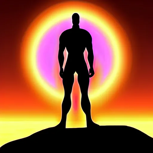 Prompt: Contemporary digital art in style of John Higgins Highly detailed Dr.Manhattan character from Watchmen watching on a beautiful sunrise on mars. Volumetric light