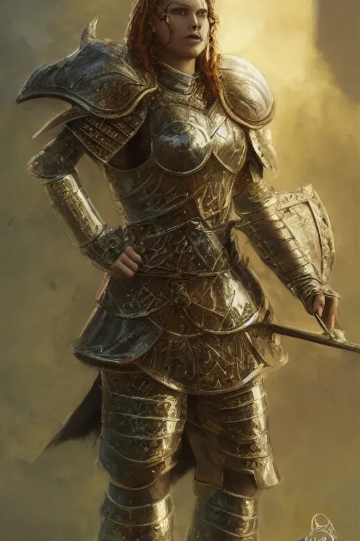 Image similar to highly detailed full body portrait painting of a proud young female knight wearing heavy armour in the style of Warhammer Fantasy by Craig Mullins, medium hair, green eyes, earrings, low angle shot, highly detailed, trending on artstation, cgsociety, 4k, 8k, HDR, octane render, unreal engine