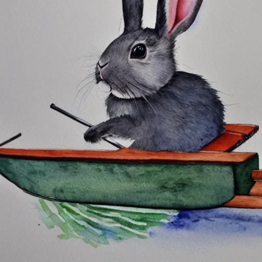 Prompt: a rabbit using a rowing machine, realistic watercolour