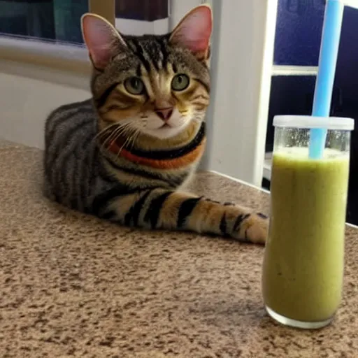 Image similar to a tabby cat blended into a smoothie