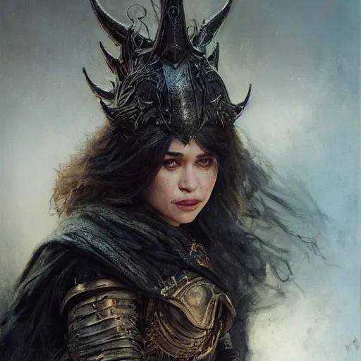 Image similar to emilia clarke, with short canines fangs, wearing dark black ornamented medieval armour, detailed, by gaston bussiere, bayard wu, greg rutkowski, giger, maxim verehin, greg rutkowski, masterpiece, sharp focus,