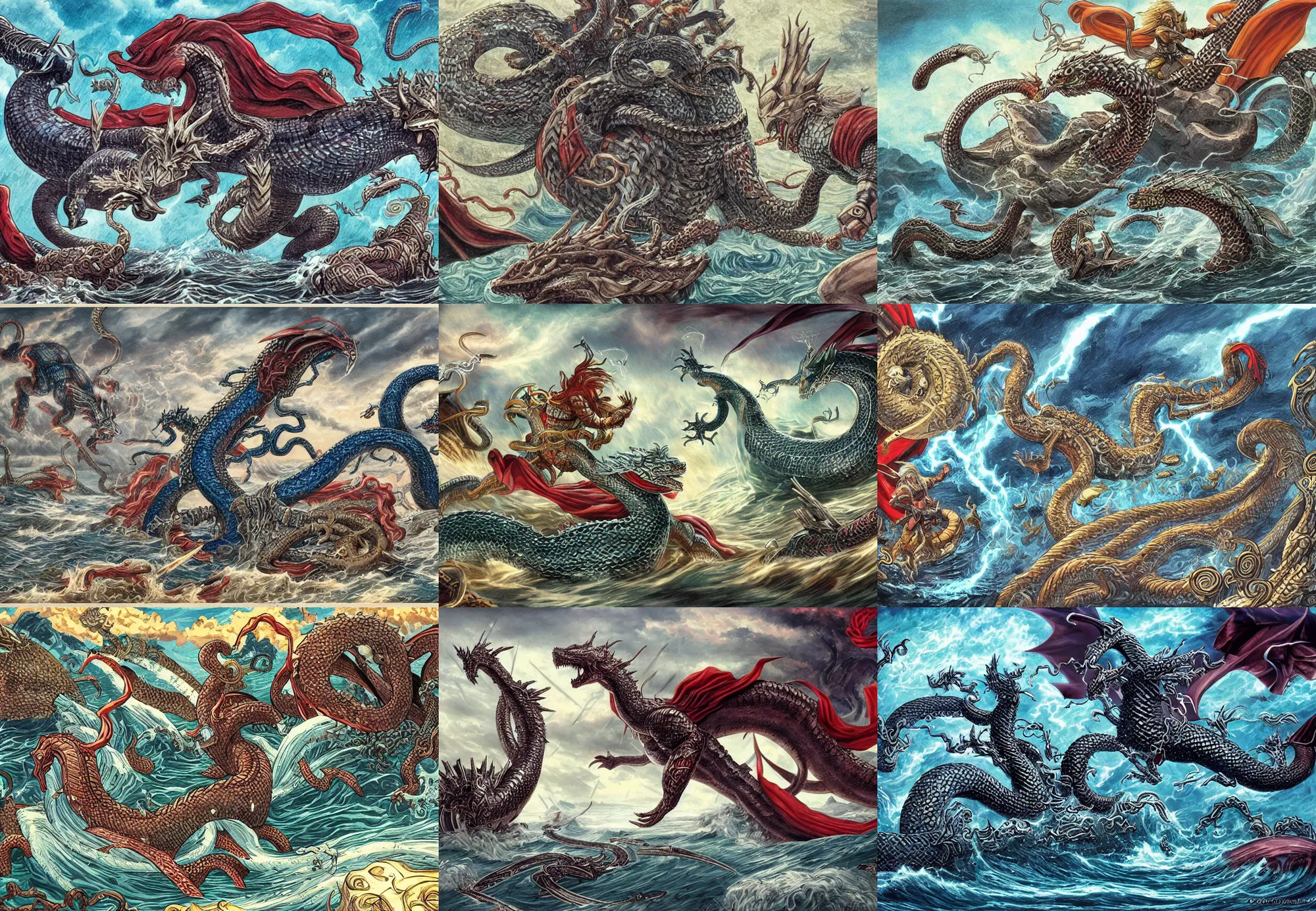 Prompt: thor god of thunder versus sea serpent chaos dragon jormungandr, during battle of ragnarok, detailed artwork
