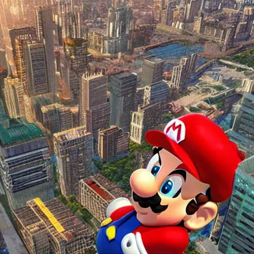 Image similar to Gargantuan Mario towering over a city