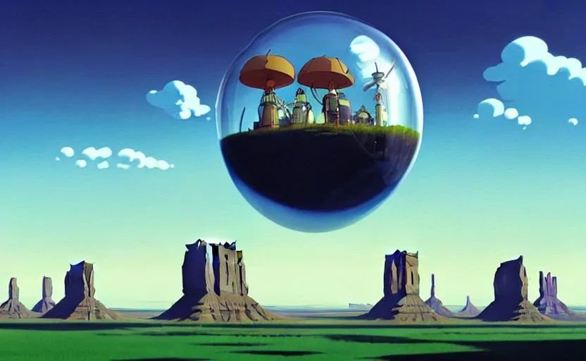 Prompt: a scary hyperrealist painting of a rocketship in a giant transparent bubble from howl's moving castle ( 2 0 0 4 ) in a flooded monument valley stonehenge jungle. depth perception, 4 k, artstation, in the style of studio ghibli