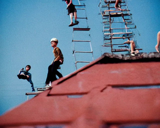 Image similar to lomo photo of roofjumpers climbing on roof of soviet hrushevka, small town, cinestill, bokeh, out of focus