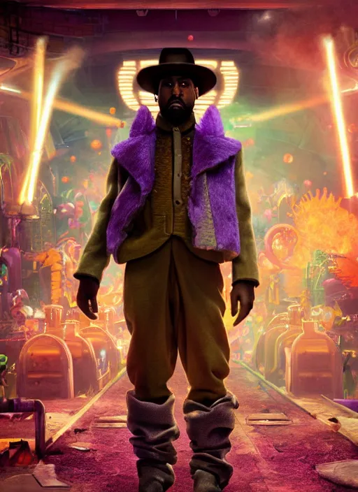 Image similar to Kanye West as willy wonka in fallout new vegas, splash art, movie still, cinematic lighting, dramatic, octane render, long lens, shallow depth of field, bokeh, anamorphic lens flare, 8k, hyper detailed, 35mm film grain