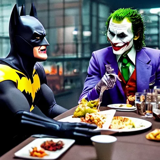 Image similar to A still of Batman and The Joker having dinner together, 4k, ultra realistic, detailed