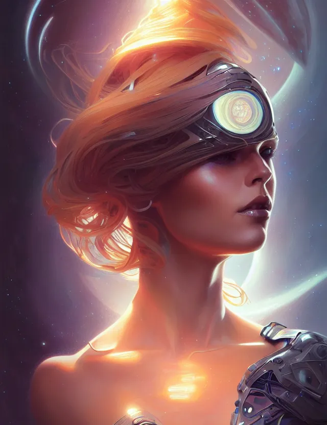 Image similar to futuristic woman portrait, sci-fi, amber eyes, face, long hair, fantasy, intricate, elegant, highly detailed, digital painting, artstation, concept art, smooth, sharp focus, illustration, art by artgerm and greg rutkowski and alphonse mucha