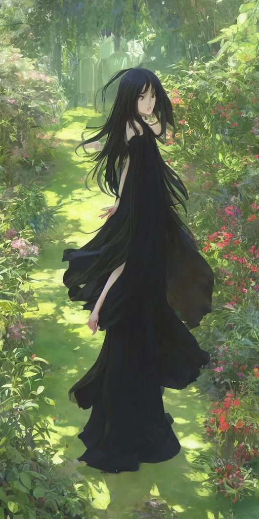 Image similar to a digital art of a loli with long hair in black dress in the privet garden at after noon, green and warm theme, back lighting, by krenz cushart and mucha and akihito yoshida and greg rutkowski and makoto shinkai, extremely long shot, detailed eyes, 4 k resolution, trending on art station