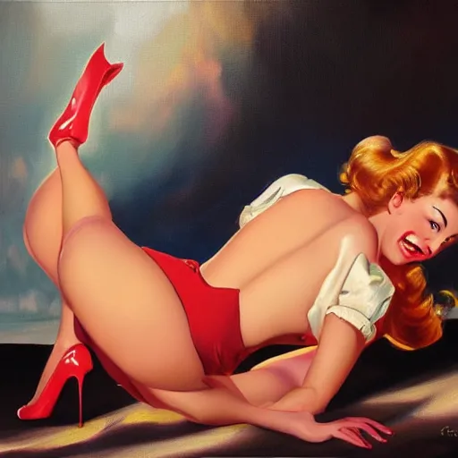 Prompt: a painting in the style of gil elvgren and in the style of boris vallejo.