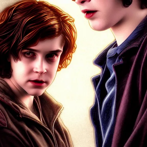 Image similar to Twilight version of Stranger Things, Portrait of Edward and Bella, diffuse lighting, fantasy, intricate, elegant, highly detailed, lifelike, photorealistic, digital painting, artstation, illustration, concept art, smooth, sharp focus, art by John Collier and Albert Aublet and Krenz Cushart and Artem Demura and Alphonse Mucha