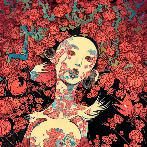 Image similar to james jean style, utagawa kunisada style, vfx art, unreal engine render, claymation style, colourful, volumetric light, digital painting, digital illustration, dramatic light,