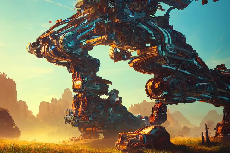 Prompt: slitherfang machine mecanical creature robot of horizon forbidden west horizon zero dawn radiating a glowing aura global illumination ray tracing hdr fanart arstation by ian pesty and alena aenami artworks in 4 k