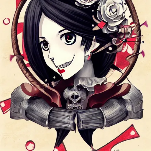 Image similar to anime manga skull portrait young woman skeleton, cuphead, painterly, logo, graffiti, elegant, highly detailed, digital art, art by jc leyendecker and sachin teng