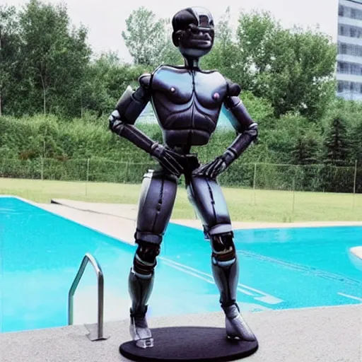 Image similar to a realistic detailed photo of a guy who is an attractive humanoid who is half robot and half humanoid, who is a male android, soccer player timo werner, shiny skin, posing like a statue, blank stare, by the pool, on display, showing off his muscles, humanoid robot, frozen ice statue, made of ice