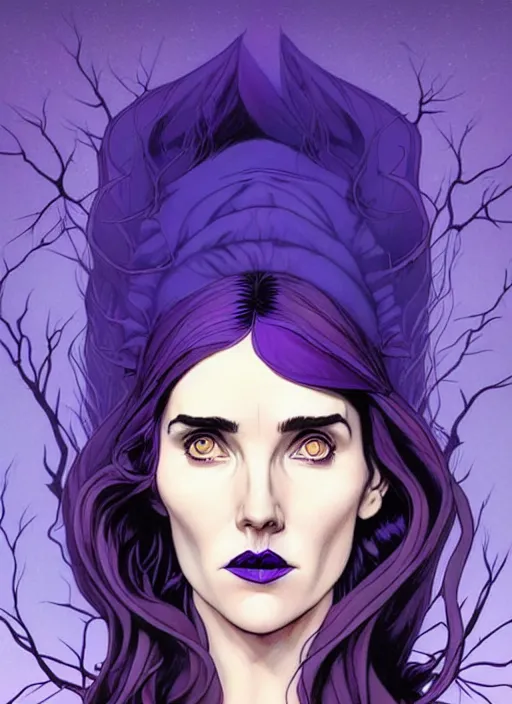 Prompt: in the style of Joshua Middleton comic art, beautiful witch spooky female, Jennifer Connelly, blue and purple glowing hair, perfect eyes perfect symmetrical eyes, symmetrical face, black magic, dark forest background, painterly style