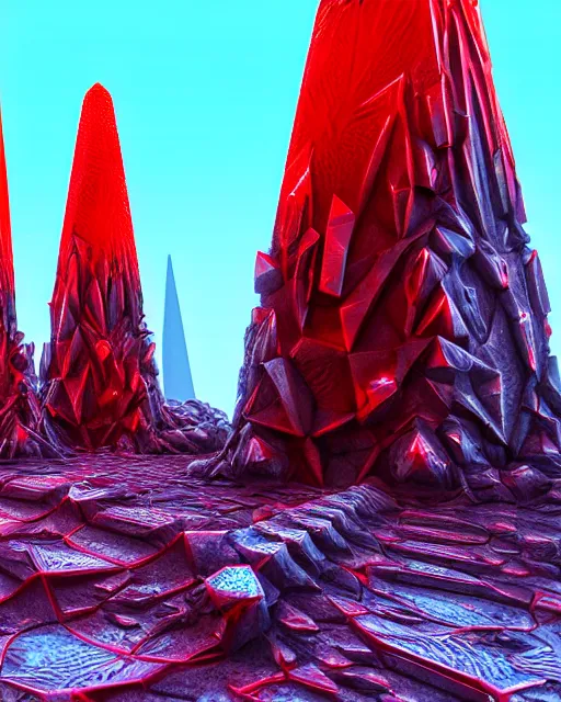 Prompt: futuristic sci fi exterior crystal jagged textured obelisk structures made out of red mandelbulb glowing crystal energy on the nuclear reactor unreal engine volumetric lighting subsurface scattering