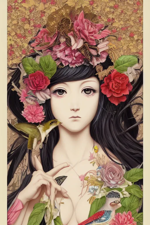 Image similar to anime portrait of a bird woman with exotic flowers on her head, detailed girl, high resolution 4k by Trevor Brown and James Jean pop art nouveau, Mark Ryden, vintage