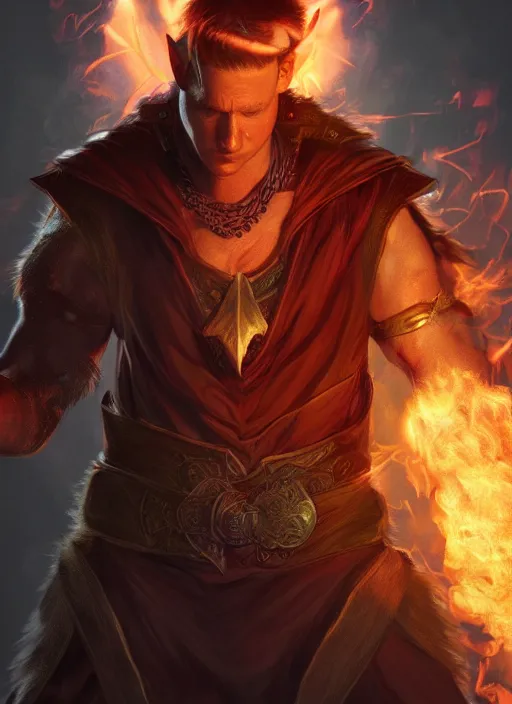 Image similar to A fantasy comic book style portrait painting of a Channing Tatum as a elf Sorcerer casting a fire spell, unreal 5, DAZ, hyperrealistic, octane render, RPG portrait, ambient light, dynamic lighting