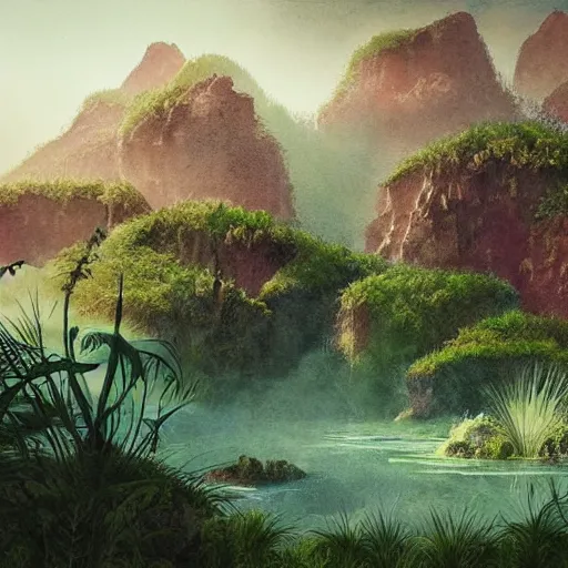 Image similar to watercolor of a lush natural scene on an alien planet by vincent bons. ultra sharp high quality digital render. detailed. beautiful landscape. weird vegetation. water. soft colour scheme. grainy.