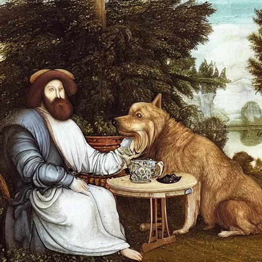 Prompt: “A painting of a dignified trans man with a large brown curly beard and his black and white husky enjoying a cup of tea in the writing garden, by Leonardo Da Vinci ”