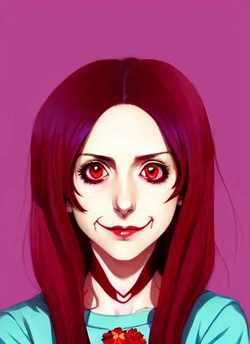 Prompt: beautiful anime vampire girl Alison Brie sharp teeth, red glowing hair, smiling, full body, symmetrical face symmetrical eyes, blurry background, Jamie McKelvie comic art, Alexandra Fomina artstation, face by Ilya Kushinov style, style by Loish, Norman Rockwell, painterly style, flat illustration