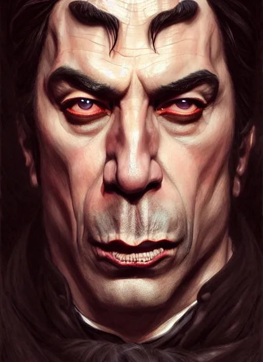 Prompt: Portrait of Javier Bardem as Dracula, D&D, muscular, fantasy, intricate, elegant, highly detailed, digital painting, artstation, concept art, smooth, sharp focus, illustration, art by artgerm and greg rutkowski and alphonse mucha