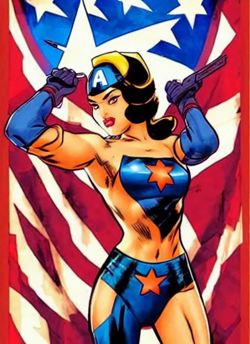 Image similar to arab female captain america. feminist captain america wins wwii. american wwii propaganda poster by masamune shirow, rob liefeld and pixar. gorgeous face. pin up model. overwatch.