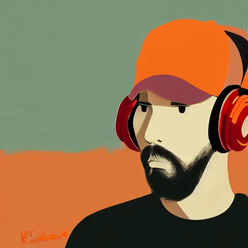 Image similar to streamer on twitch with black hat, stubble, ginger hair, orange hair, black cap, stubbles, red headphones, in the style of tatsuro kiuchi, art, abstract