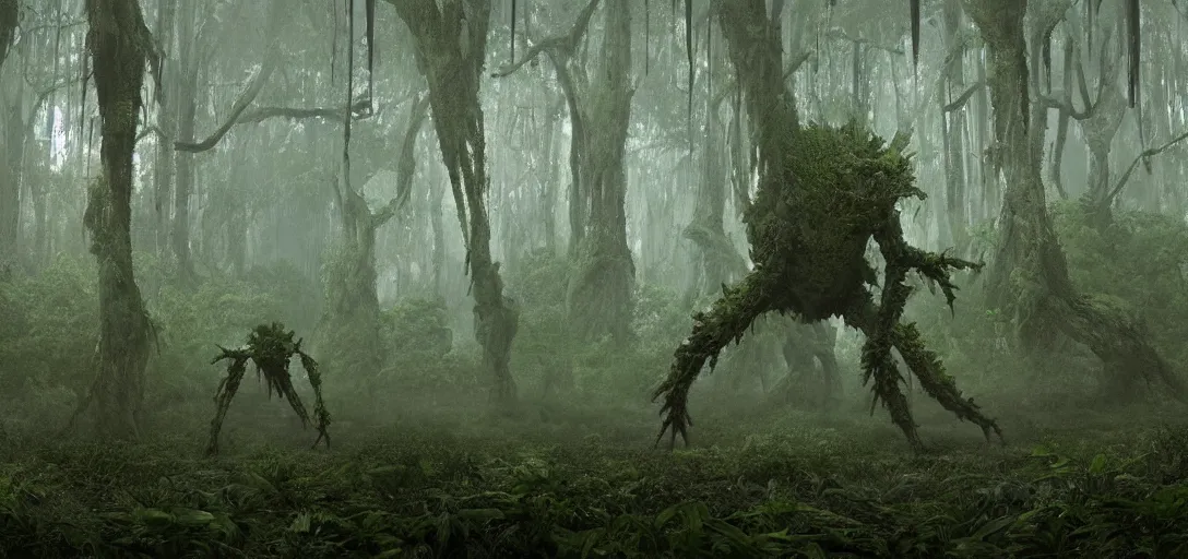 Prompt: a complex organic fractal 3 d metallic symbiotic ceramic humanoid megastructure creature in a swampy lush forest, foggy, cinematic shot, photo still from movie by denis villeneuve, wayne barlowe, taken with a disposable camera