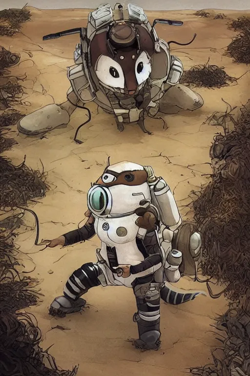 Image similar to anthropomorphic rodent with white and black ancestral ornate japanese tactical gear on an abandonment desert planet, long shot, rule of thirds, golden ratio, graphic novel by fiona staples and dustin nguyen, by beaststars and orange, peter elson, alan bean, studio ghibli, makoto shinkai