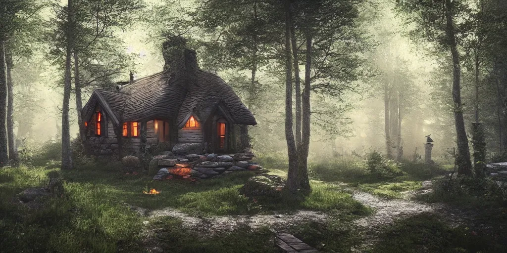 Image similar to a cottage in the woods, fantasy, hyper realistic, dramatic lighting, 8k