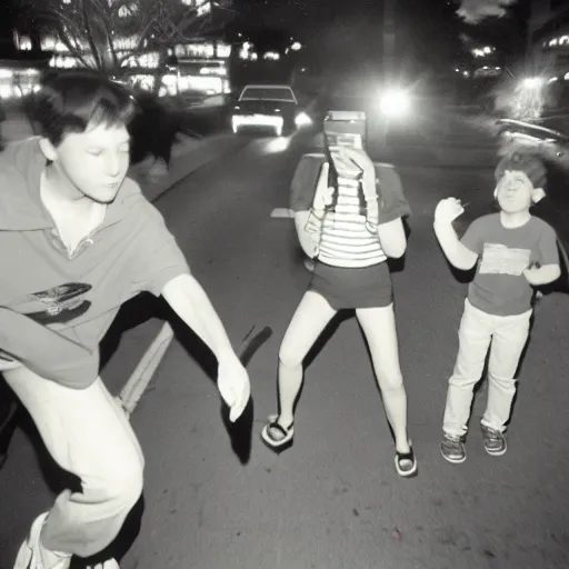 Prompt: 1 9 9 3, disposable camera, flash, insect alien chasing people in suburbia