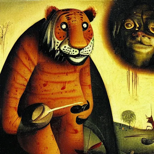 Prompt: an oil painting of Tony the Tiger facing his creator by Hieronymus Bosch, horror, revelations