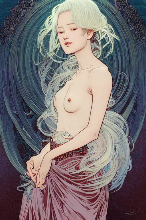 Image similar to magnum opus portrait digital painting female holding white hair glowing, blush, pleated skirt, flowing hair, slim face, elegant, alphonse mucha, by yoichi hatakenaka, masamune shirow, josan gonzales and dan mumford, ayami kojima, takato yamamoto, barclay shaw, karol bak, yukito kishiro