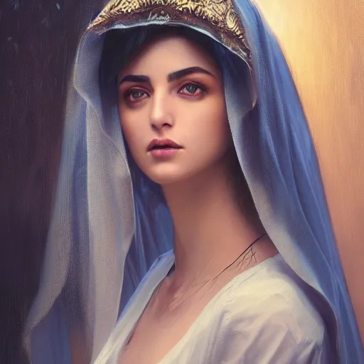 Image similar to a Photorealistic dramatic hyperrealistic render of an arab ameera al taweel, blue eyes, black hair, white veil,by WLOP,Artgerm,Greg Rutkowski,Alphonse Mucha, Beautiful dynamic dramatic dark moody lighting,shadows,cinematic atmosphere,Artstation,concept design art,Octane render,8K