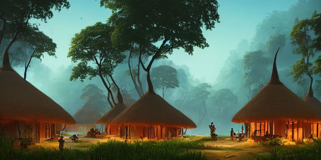 Prompt: establishing shot of a kerala village with thatched houses designed by zaha hadid, an epic fantasy, dramatic lighting, cinematic, extremely high detail, photorealistic, cinematic lighting, matte painting, artstation, by simon stalenhag, horizon forbidden west